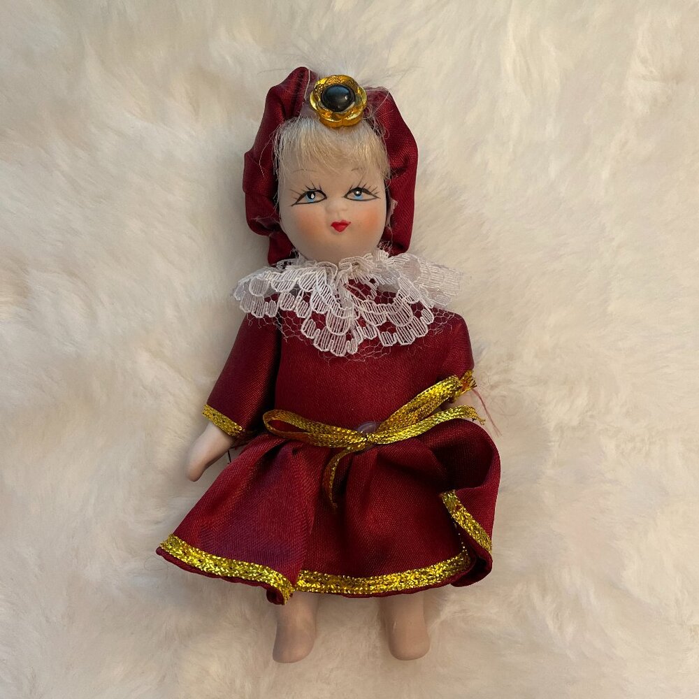 Sabre Porcelain Doll Vintage Feather Lace 6 in Burgundy Gold Dress (SKU: 101TO)